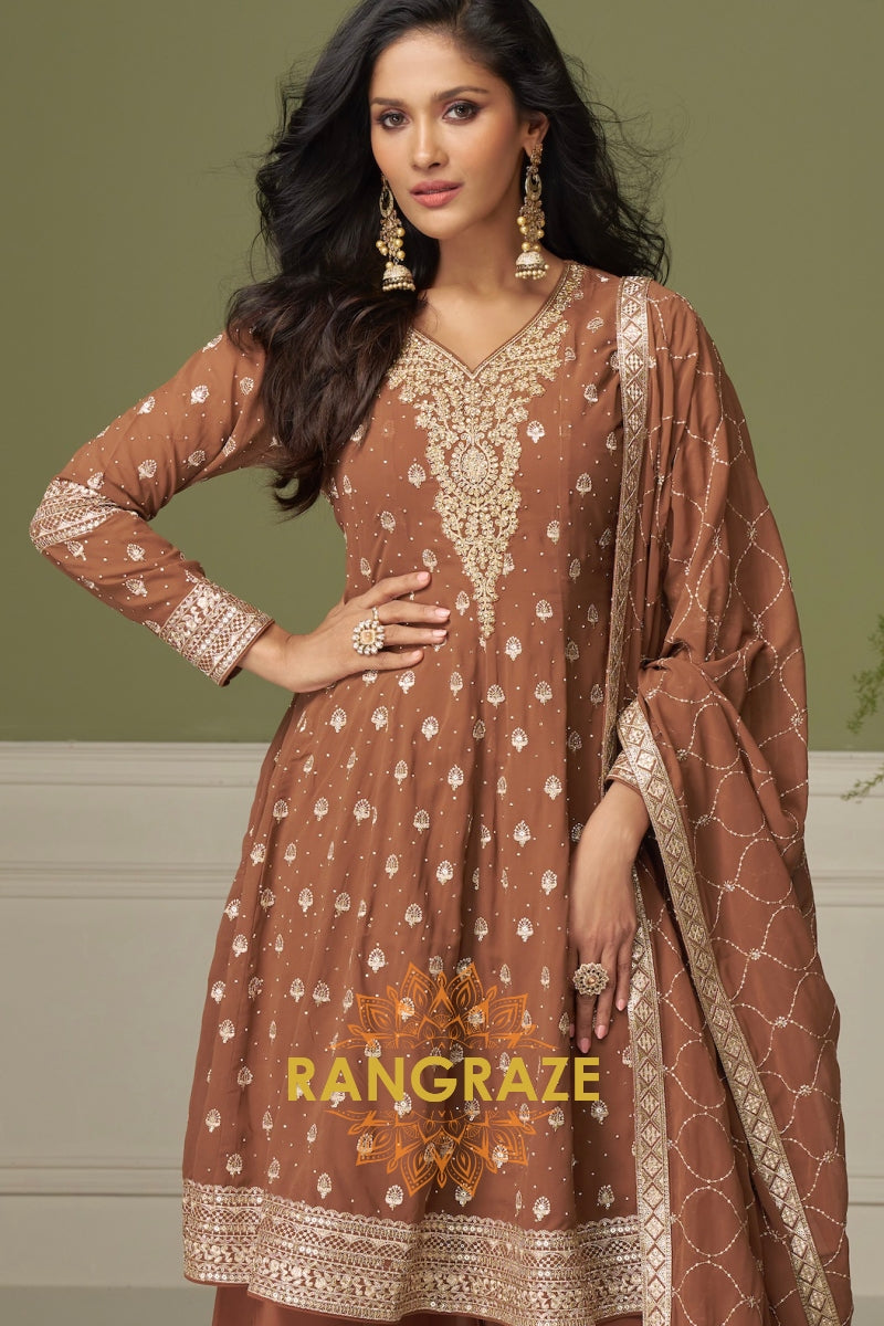 Mocha Pure Georgette Hand Embroidered Sharara Suit Set
