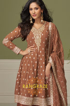 Mocha Pure Georgette Hand Embroidered Sharara Suit Set