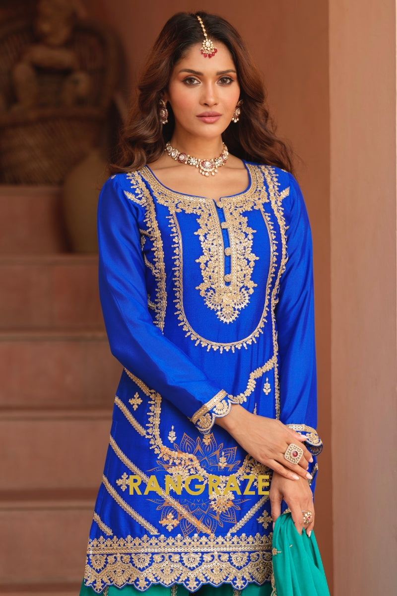 Royal Sapphire Pure Chinnon Suit Set with Hand Embroidery