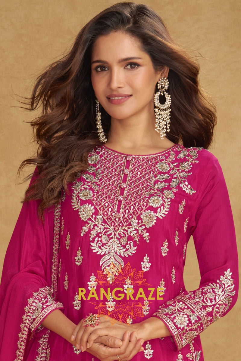 Rose Magenta Pure Chinnon Suit Set with Hand Embroidery