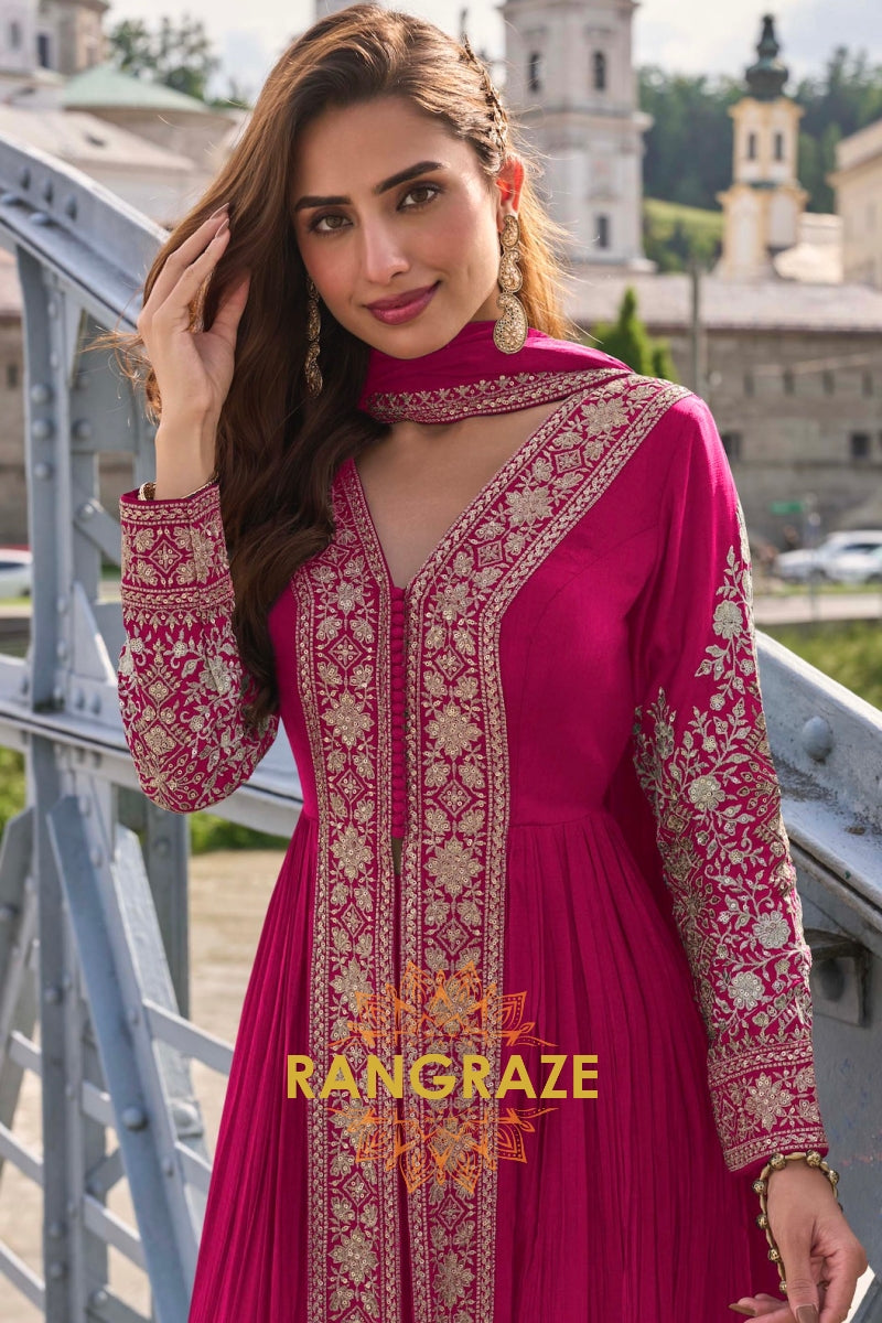 Fuchsia Pure Chinon Hand Embroidered Designer Suit Set