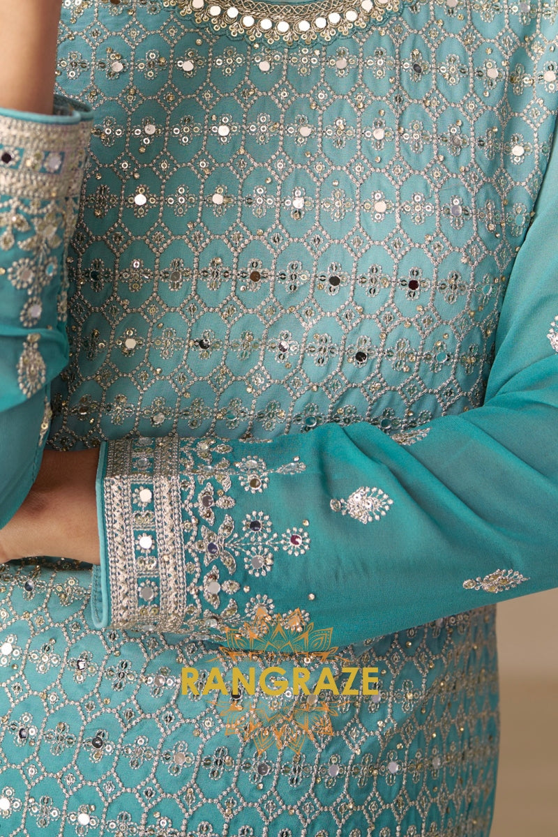 Aqua Mist Pure Georgette Hand Embroidered Sharara Suit Set