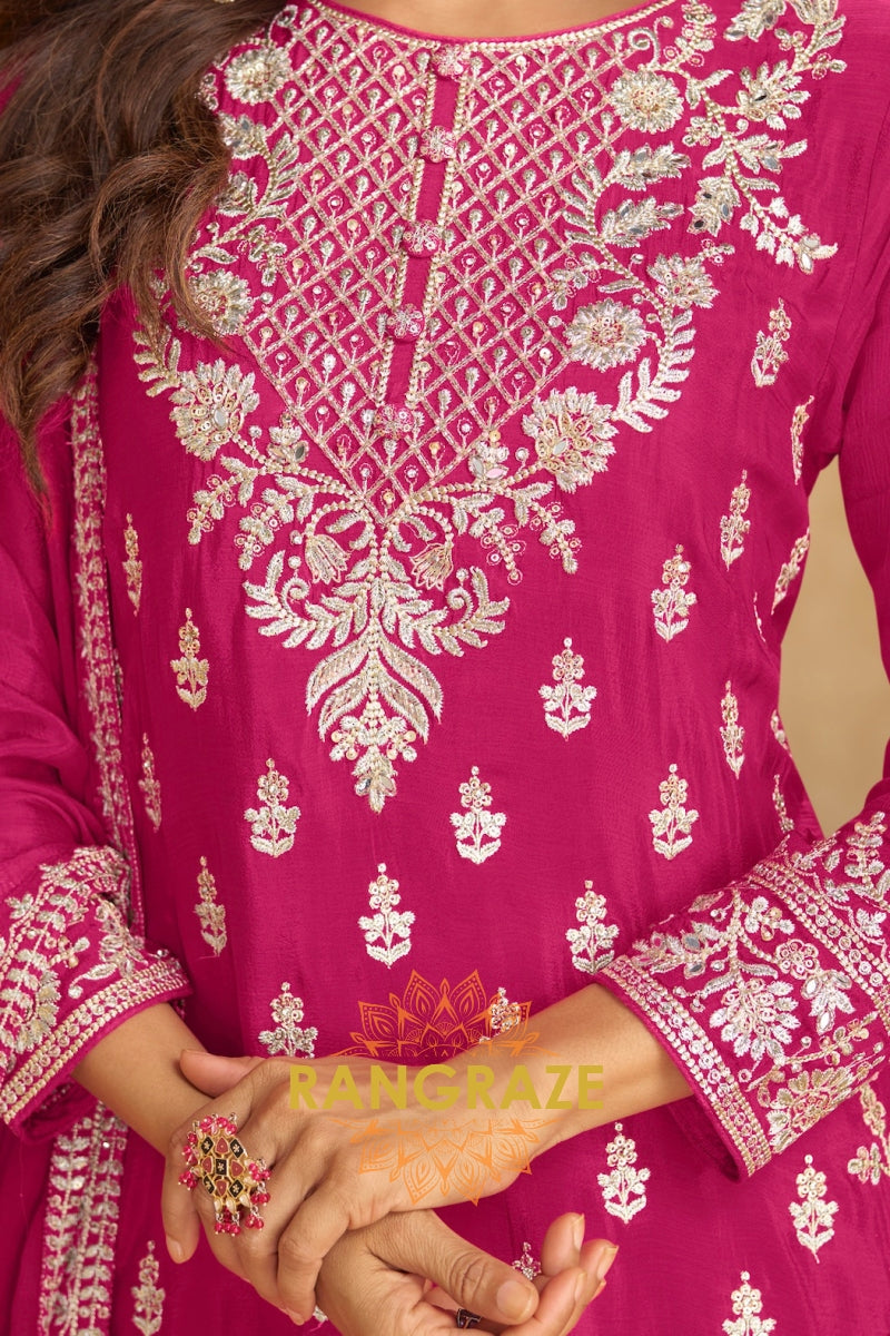 Rose Magenta Pure Chinnon Suit Set with Hand Embroidery