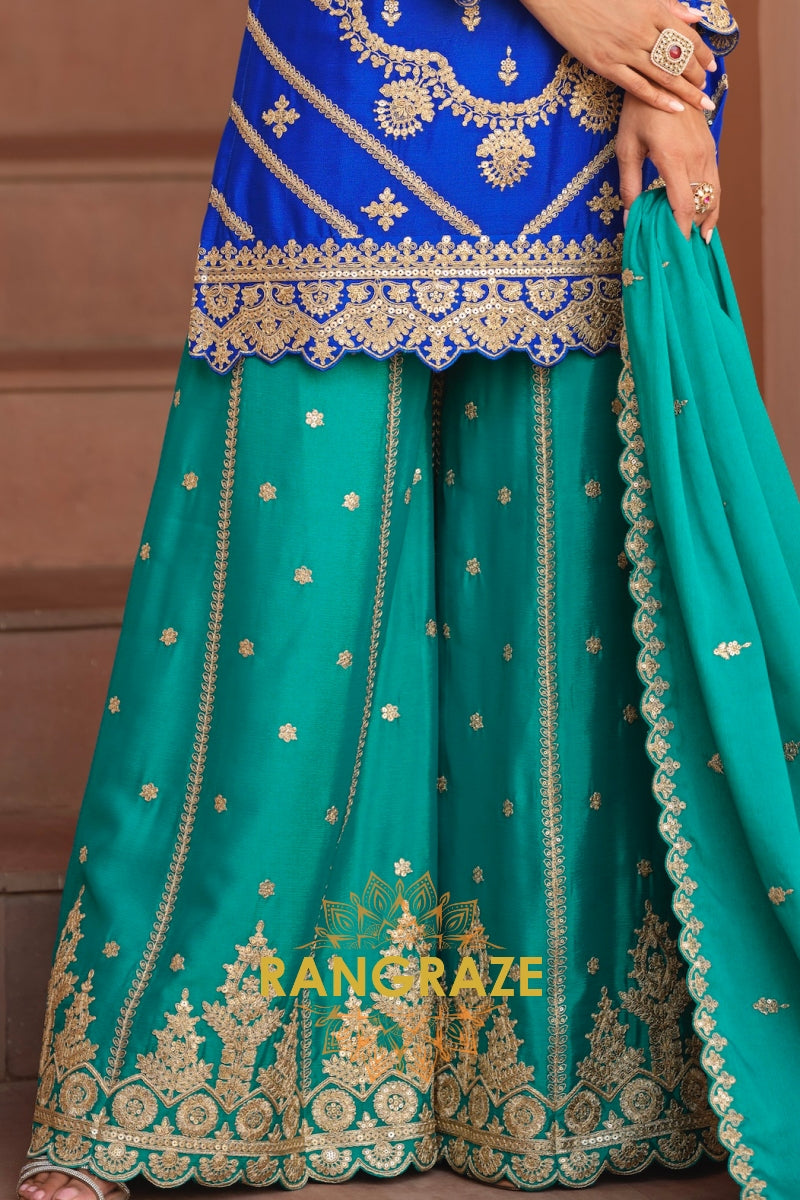 Royal Sapphire Pure Chinnon Suit Set with Hand Embroidery