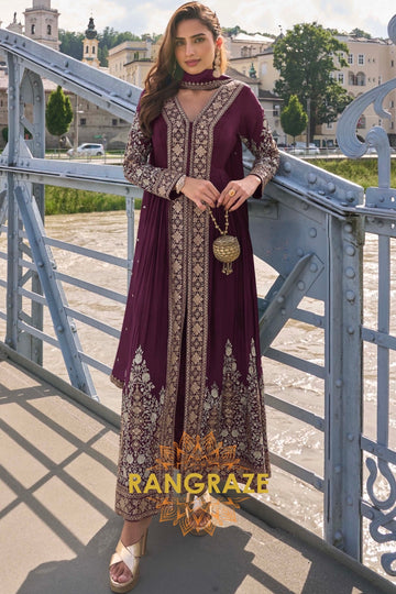 Wine Plum Pure Chinon Hand Embroidered Designer Suit Set