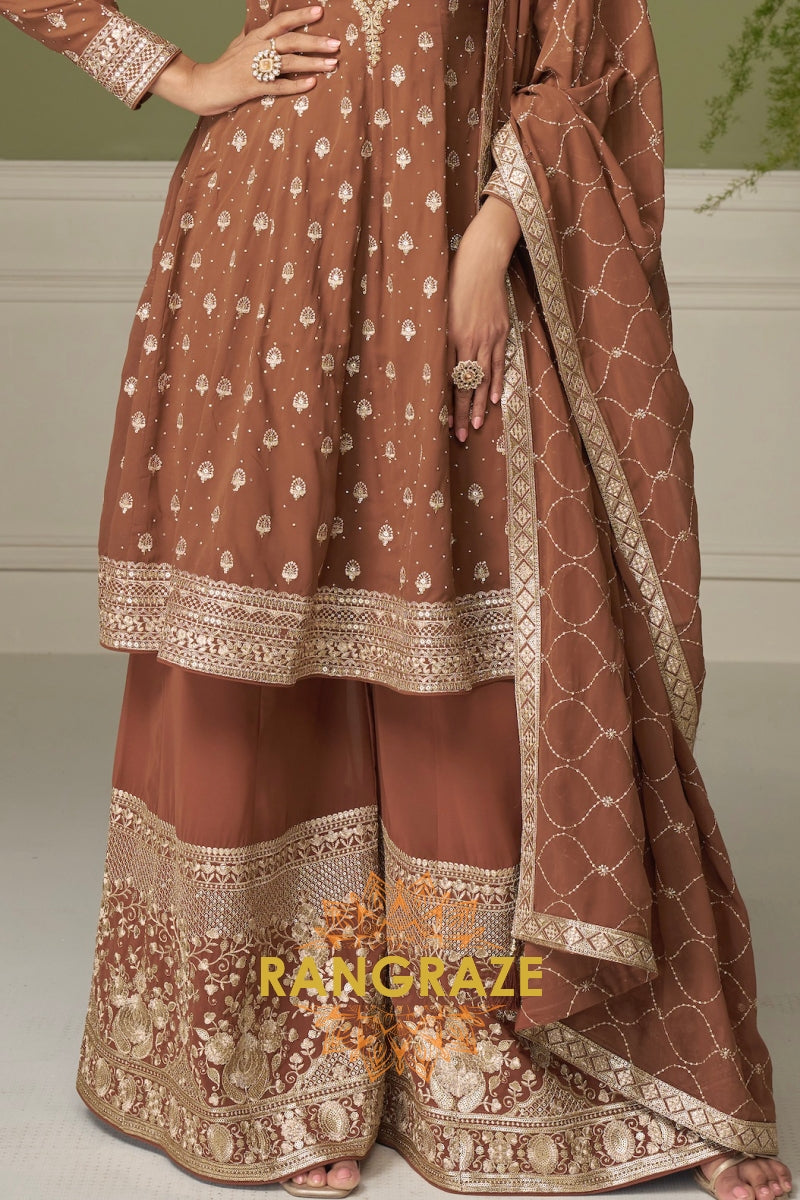 Mocha Pure Georgette Hand Embroidered Sharara Suit Set