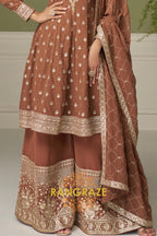 Mocha Pure Georgette Hand Embroidered Sharara Suit Set