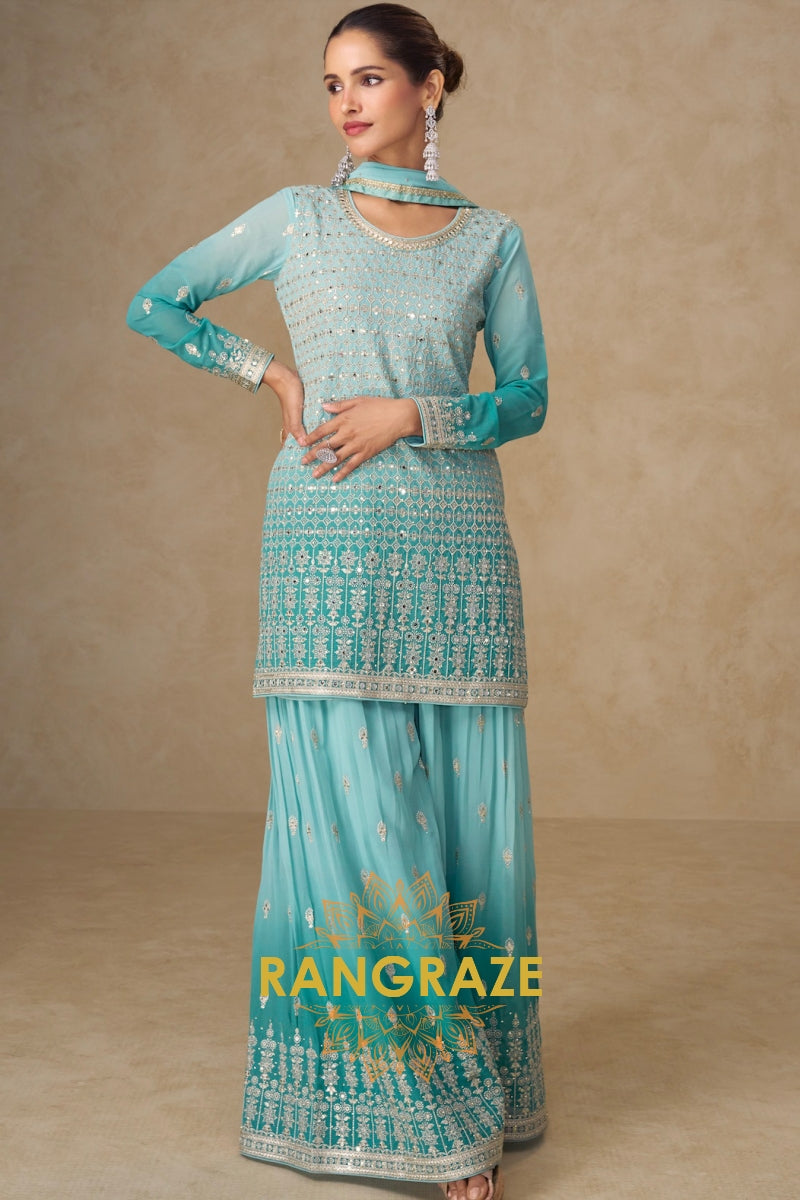 Aqua Mist Pure Georgette Hand Embroidered Sharara Suit Set