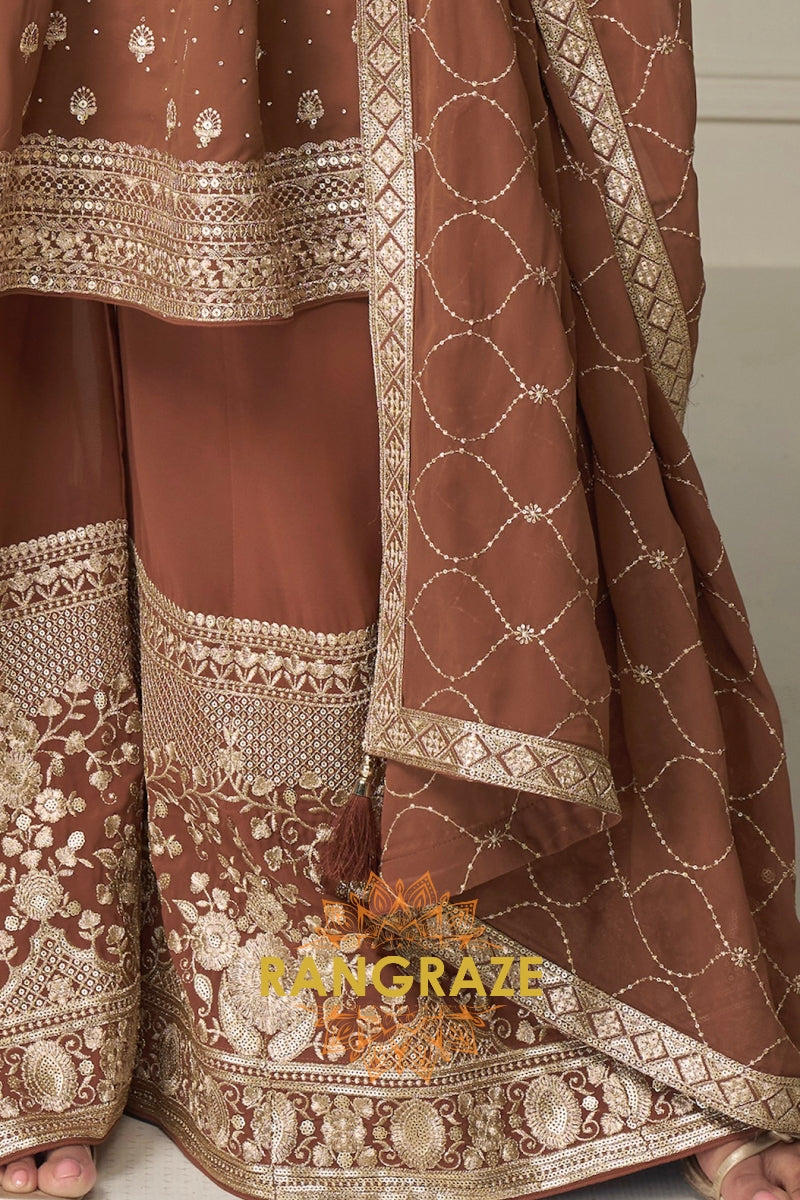 Mocha Pure Georgette Hand Embroidered Sharara Suit Set