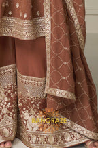 Mocha Pure Georgette Hand Embroidered Sharara Suit Set