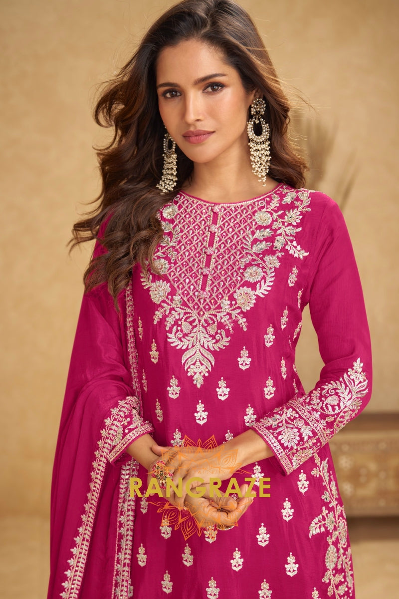 Rose Magenta Pure Chinnon Suit Set with Hand Embroidery