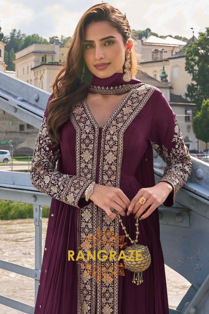 Wine Plum Pure Chinon Hand Embroidered Designer Suit Set
