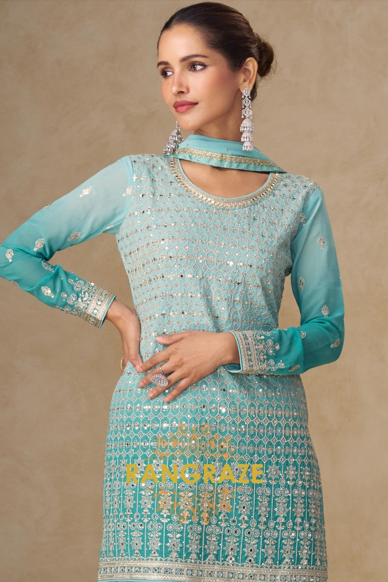 Aqua Mist Pure Georgette Hand Embroidered Sharara Suit Set