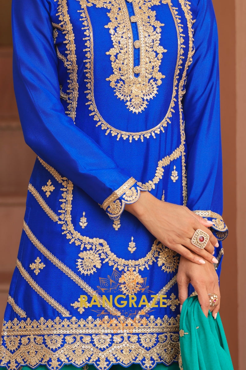 Royal Sapphire Pure Chinnon Suit Set with Hand Embroidery