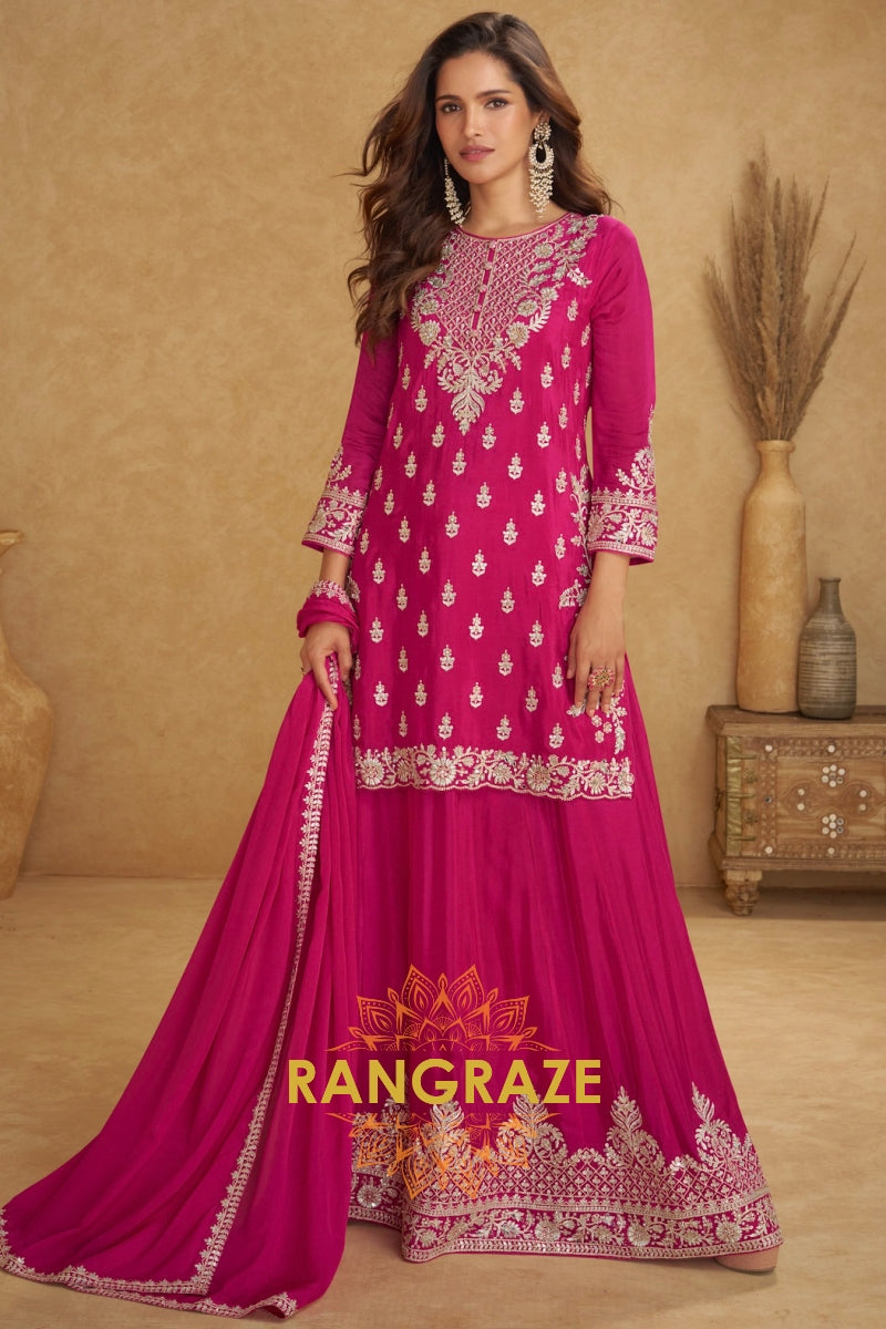 Rose Magenta Pure Chinnon Suit Set with Hand Embroidery