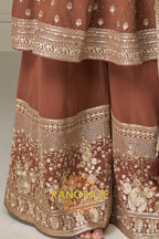 Mocha Pure Georgette Hand Embroidered Sharara Suit Set