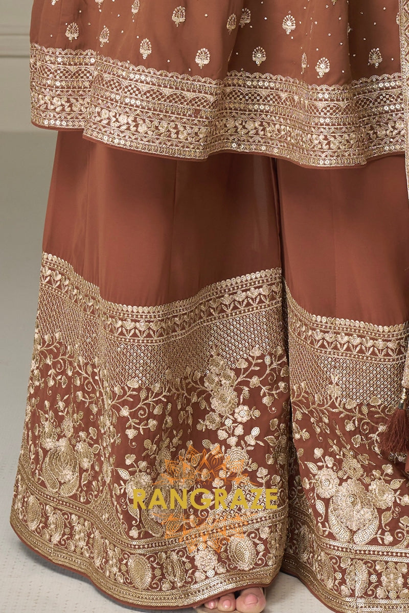Mocha Pure Georgette Hand Embroidered Sharara Suit Set