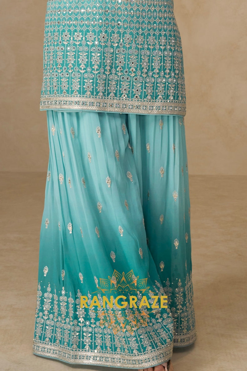 Aqua Mist Pure Georgette Hand Embroidered Sharara Suit Set