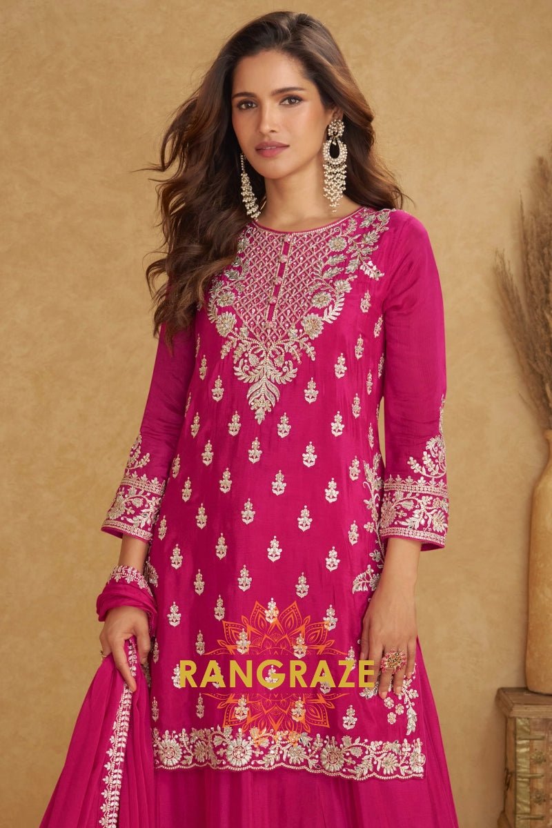 Rose Magenta Pure Chinnon Suit Set with Hand Embroidery