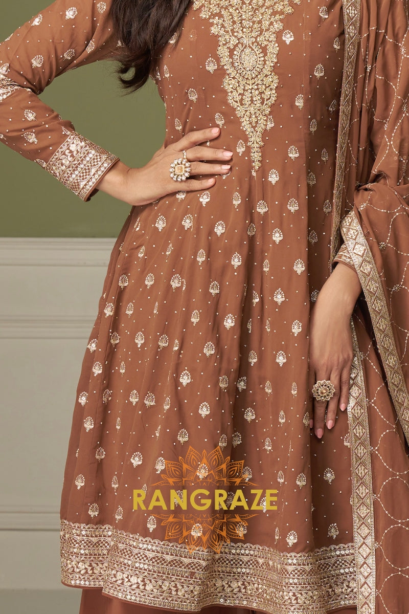 Mocha Pure Georgette Hand Embroidered Sharara Suit Set