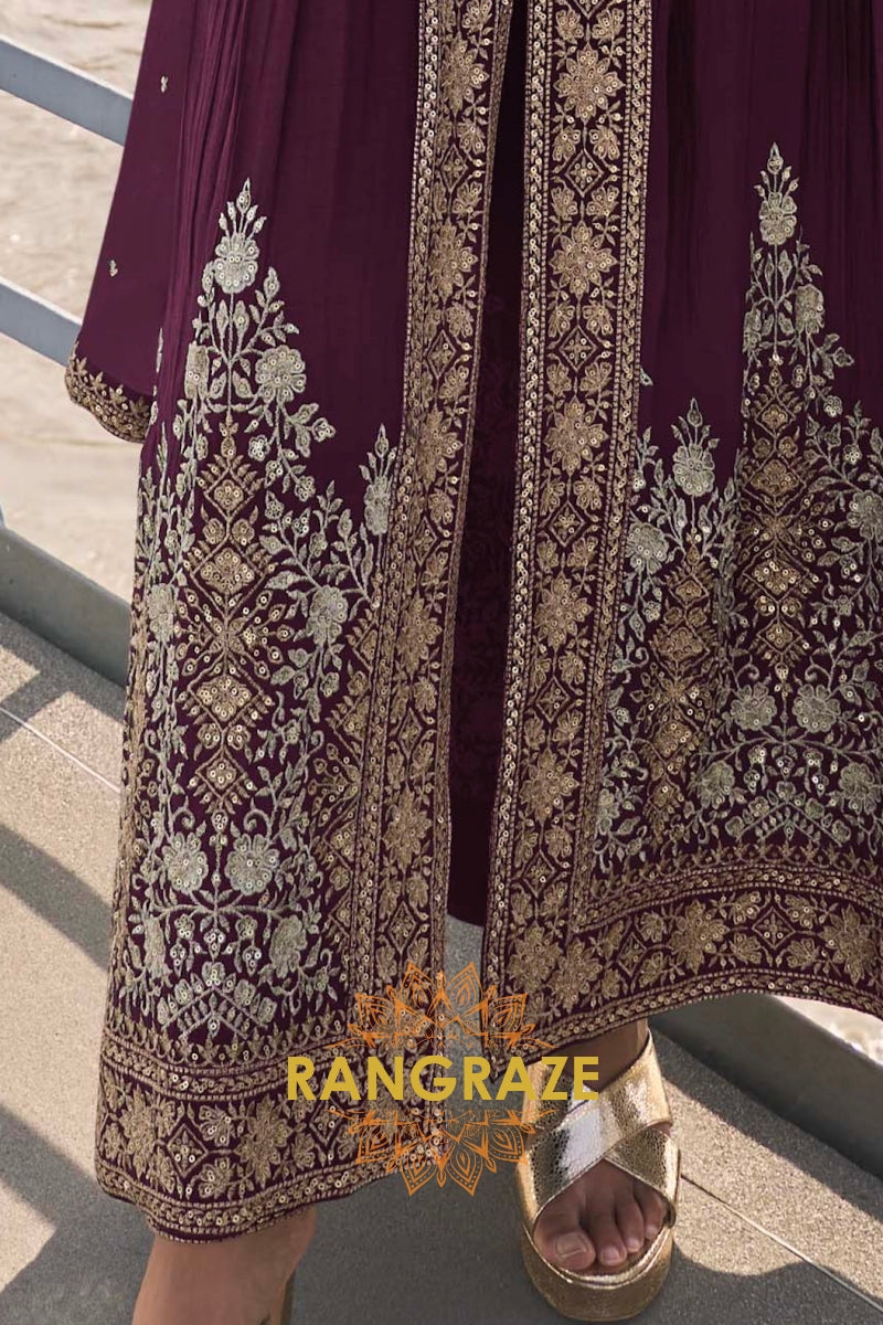 Wine Plum Pure Chinon Hand Embroidered Designer Suit Set