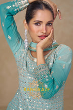 Aqua Mist Pure Georgette Hand Embroidered Sharara Suit Set
