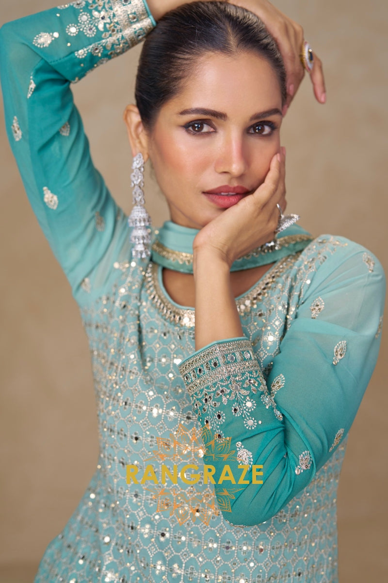 Aqua Mist Pure Georgette Hand Embroidered Sharara Suit Set