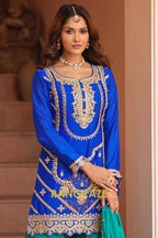 Royal Sapphire Pure Chinnon Suit Set with Hand Embroidery