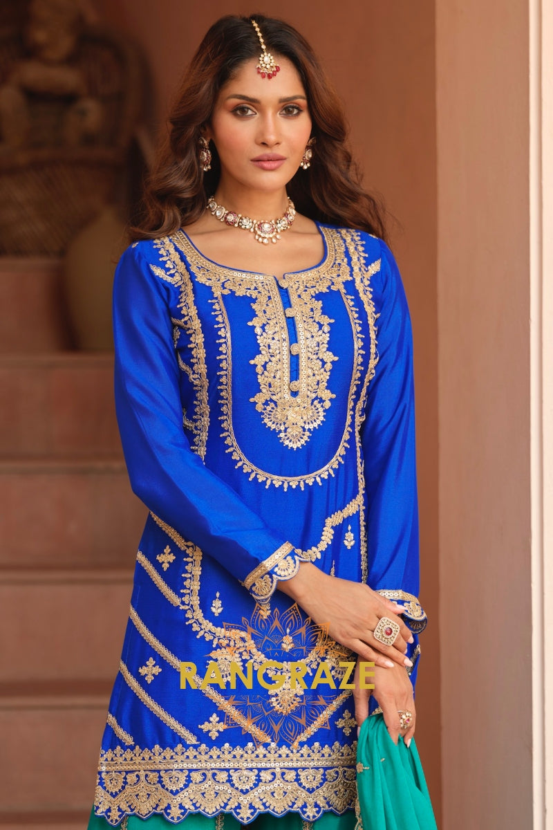 Royal Sapphire Pure Chinnon Suit Set with Hand Embroidery
