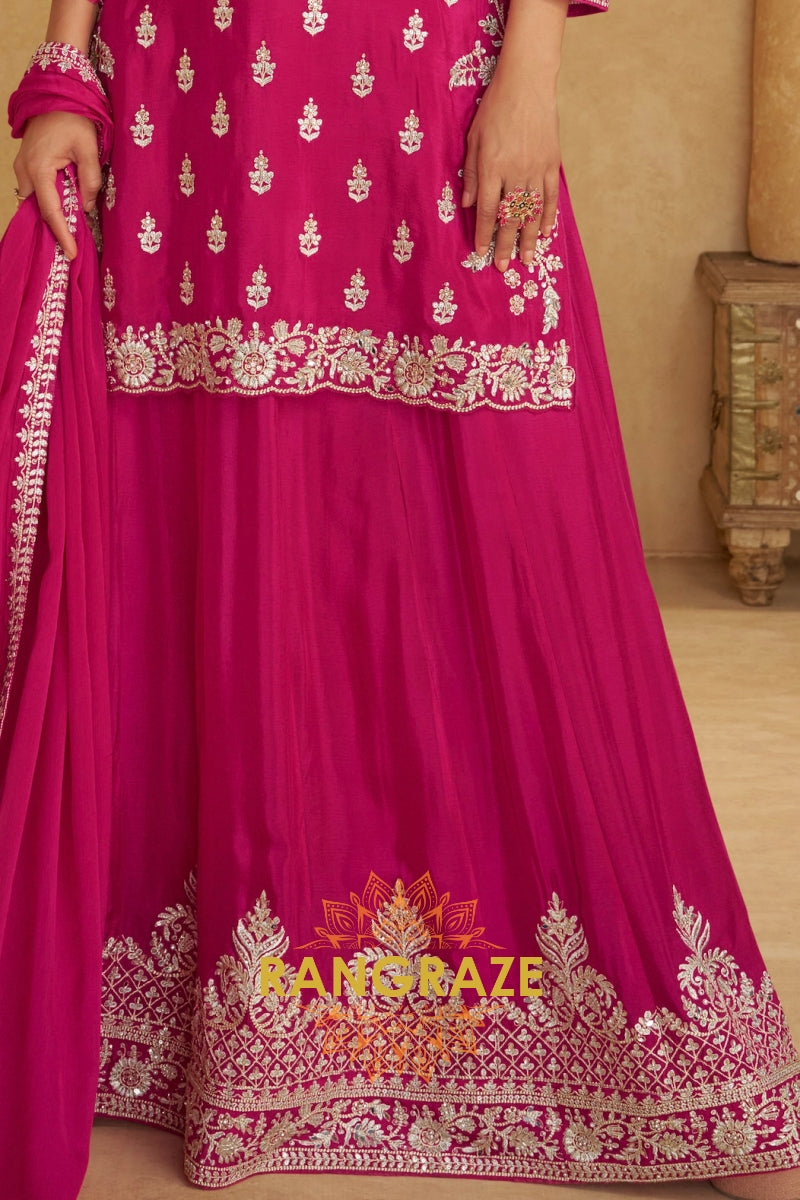 Rose Magenta Pure Chinnon Suit Set with Hand Embroidery