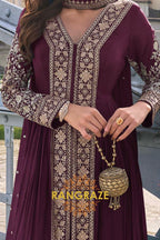 Wine Plum Pure Chinon Hand Embroidered Designer Suit Set
