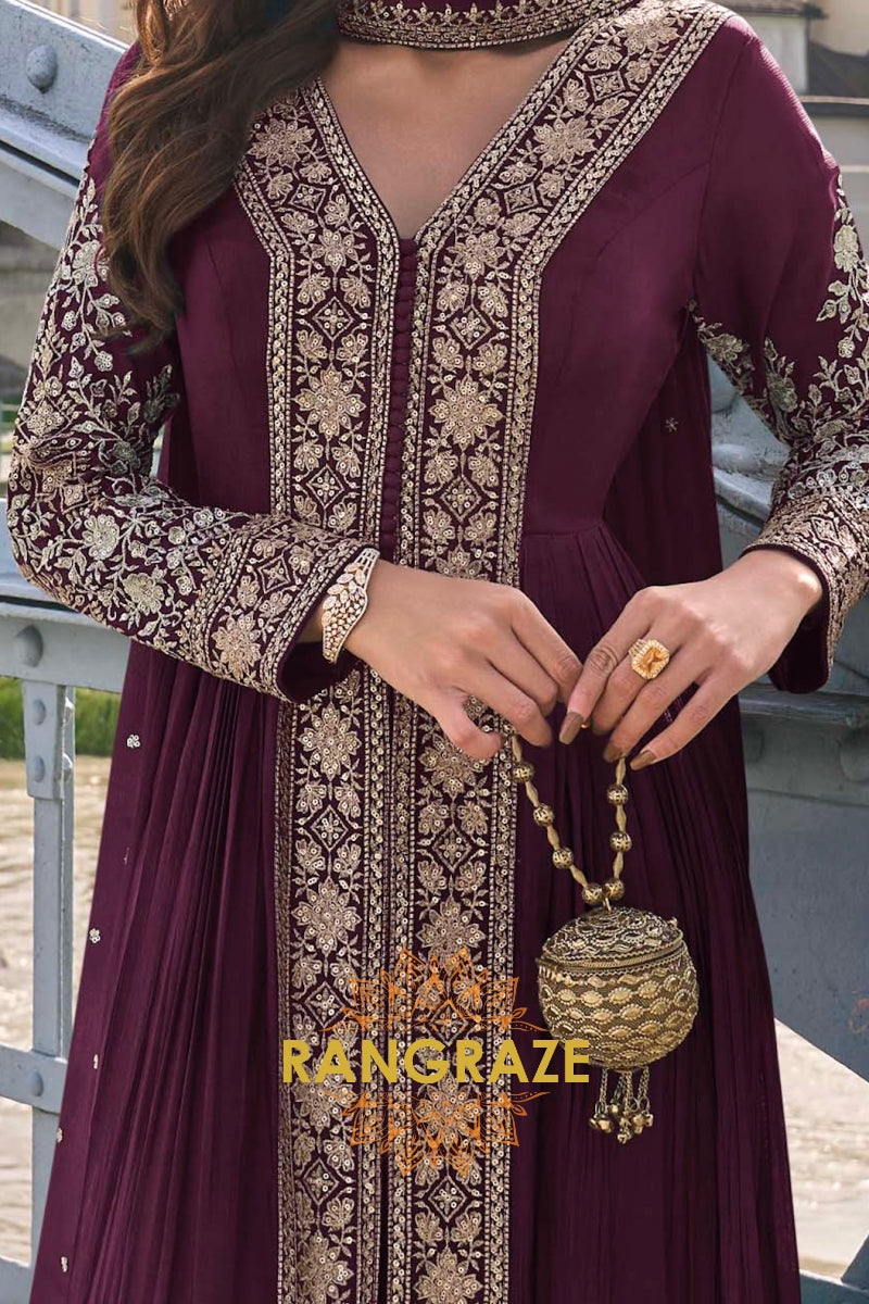 Wine Plum Pure Chinon Hand Embroidered Designer Suit Set