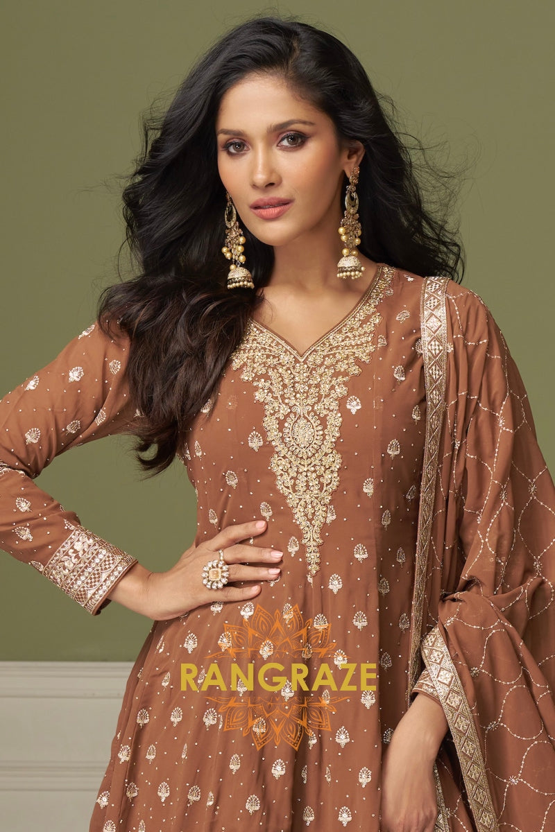 Mocha Pure Georgette Hand Embroidered Sharara Suit Set
