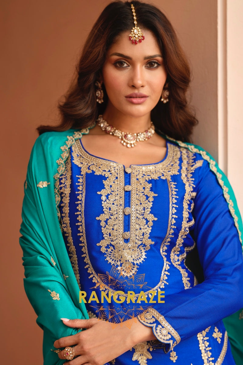 Royal Sapphire Pure Chinnon Suit Set with Hand Embroidery