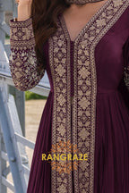 Wine Plum Pure Chinon Hand Embroidered Designer Suit Set