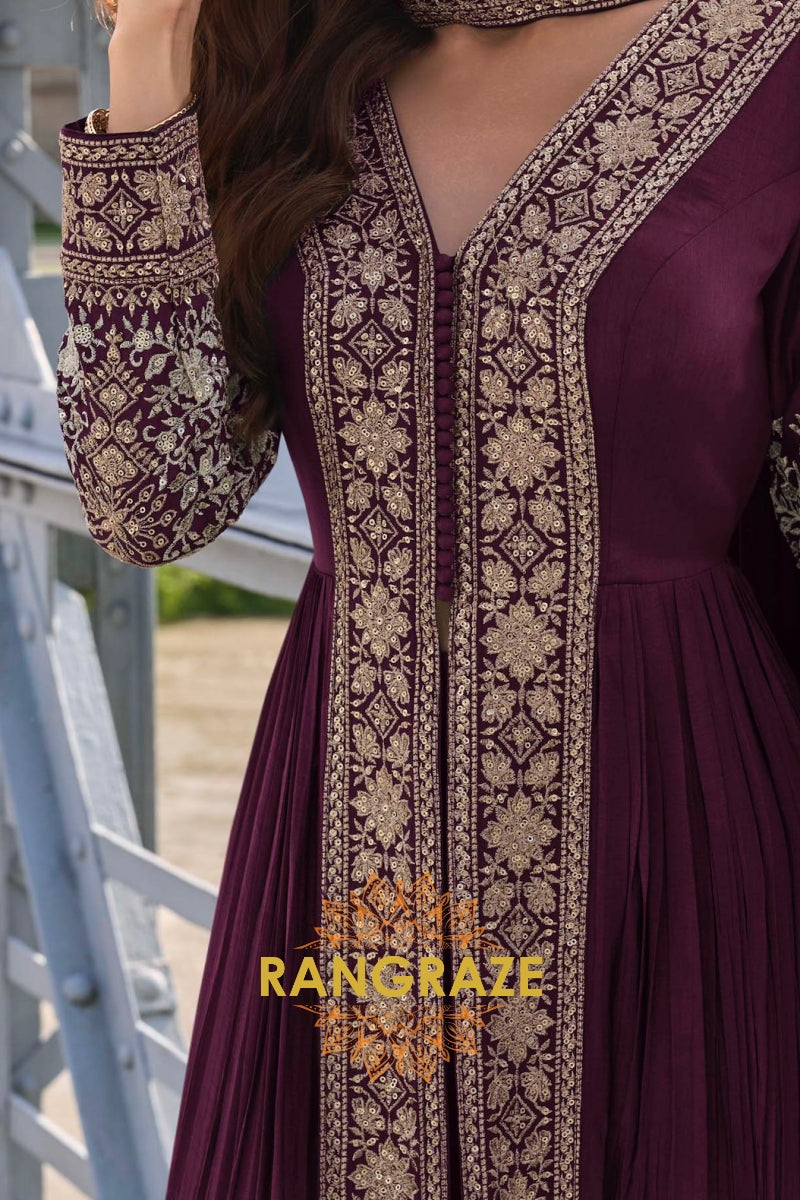 Wine Plum Pure Chinon Hand Embroidered Designer Suit Set
