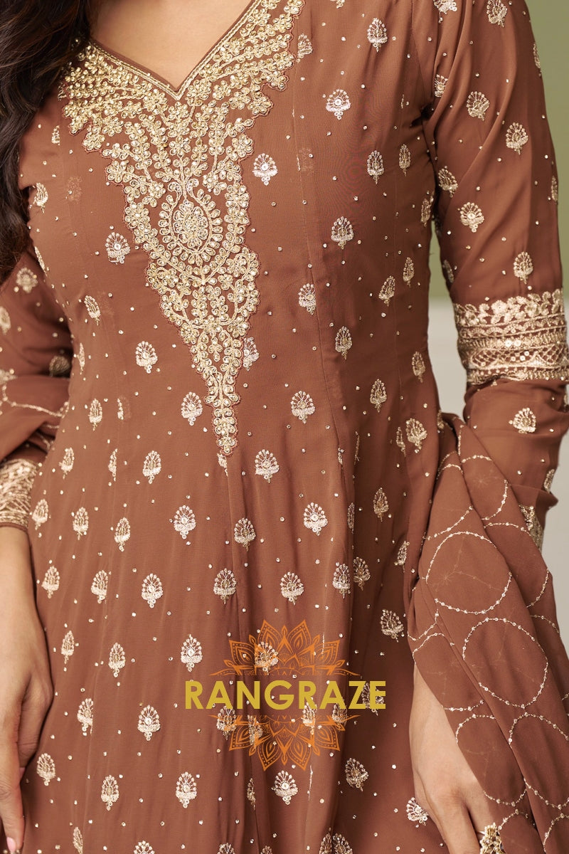 Mocha Pure Georgette Hand Embroidered Sharara Suit Set