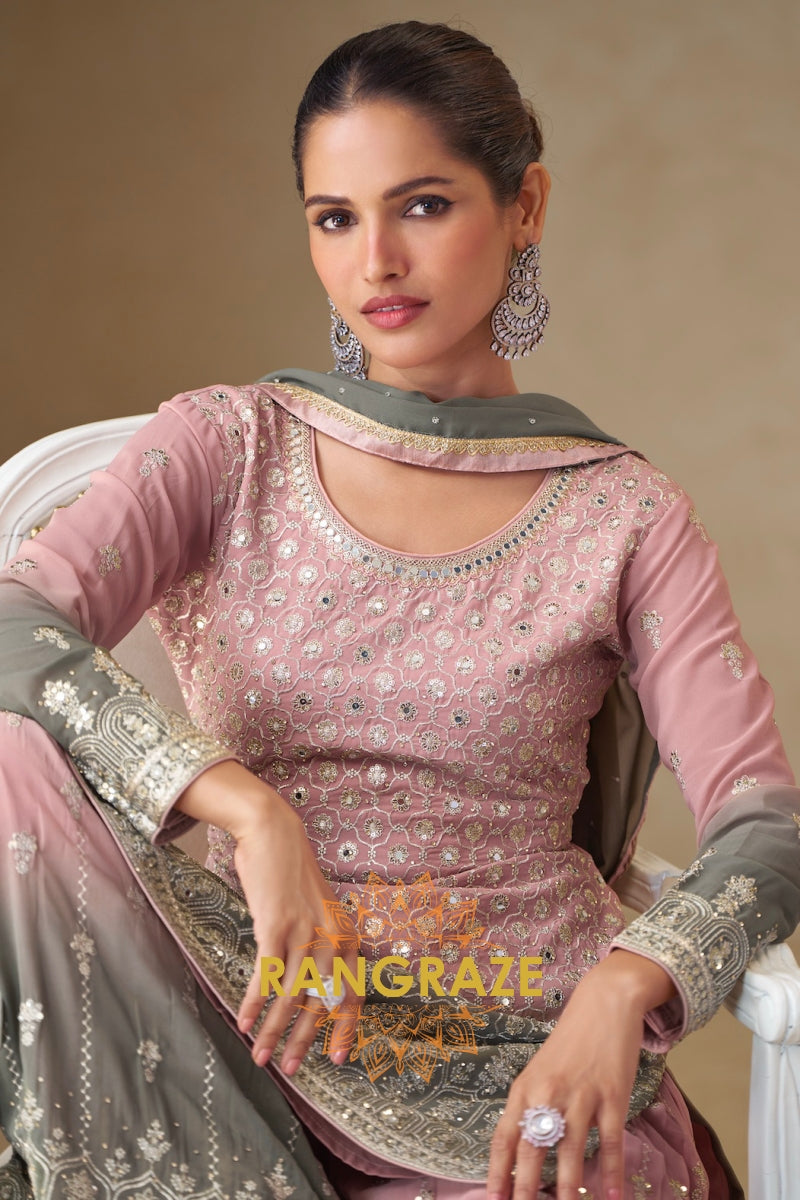 Blush Sage Pure Georgette Hand Embroidered Sharara Suit Set