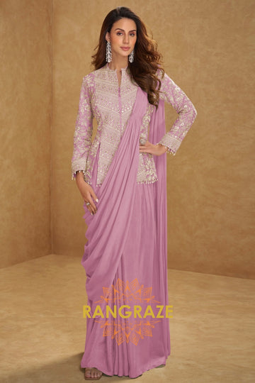 Lilac Serene Pure Georgette Saree Style Suit Set with Hand Embroidery