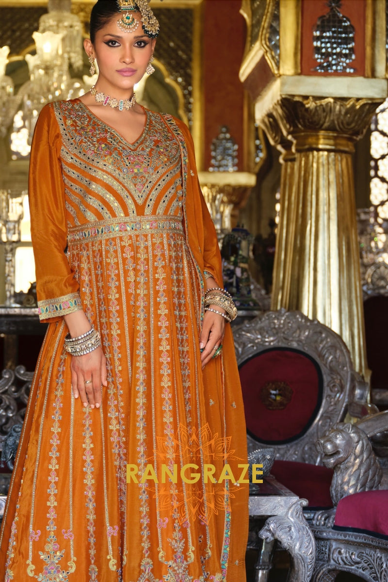 Amber Regal Chinnon Anarkali Suit Set with Hand Embroidery