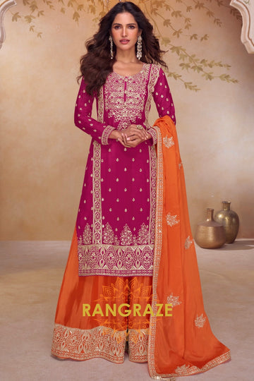Wine & Orange Pure Chinnon Hand Embroidered Suit Set