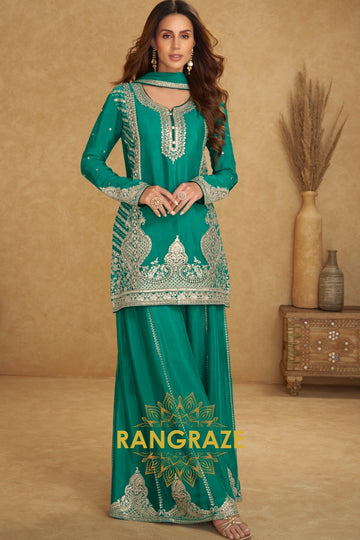 Emerald Teal Pure Chinnon Suit Set with Hand Embroidery
