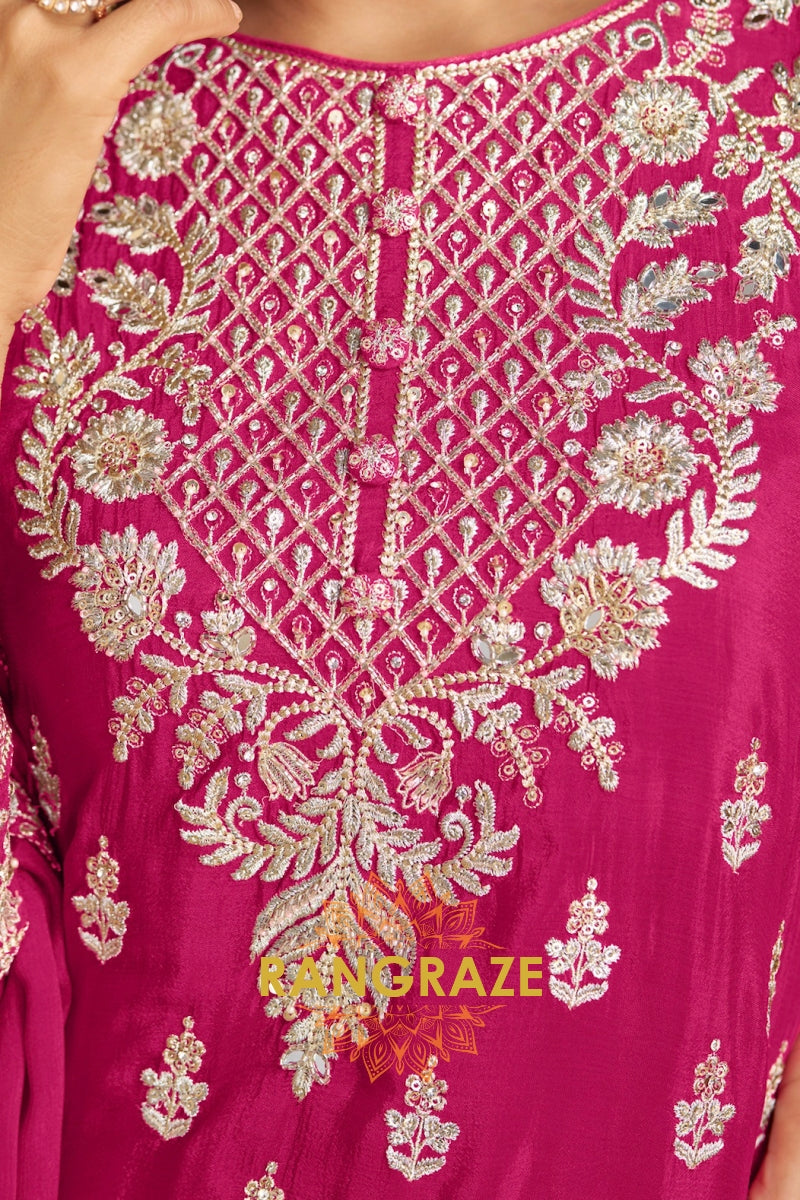 Rose Magenta Pure Chinnon Suit Set with Hand Embroidery