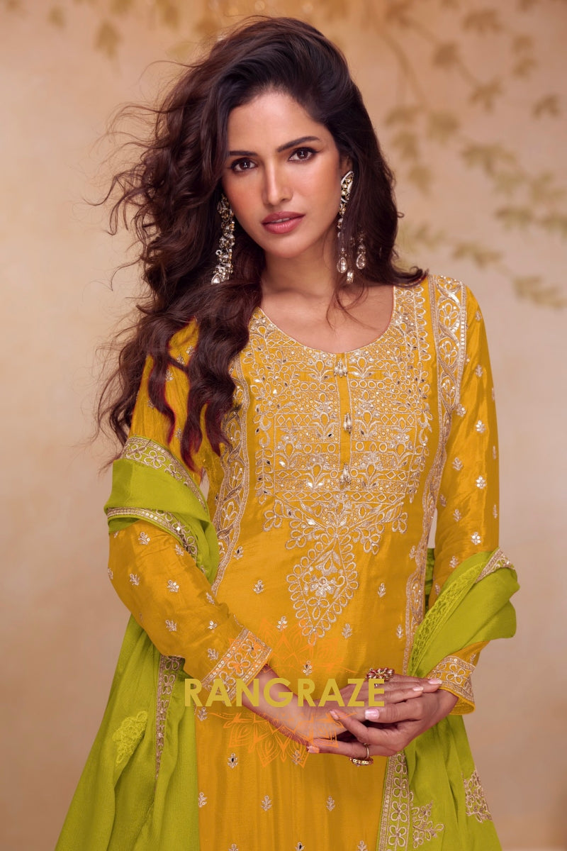Mustard & Lime Pure Chinnon Hand Embroidered Suit Set