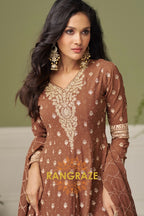 Mocha Pure Georgette Hand Embroidered Sharara Suit Set