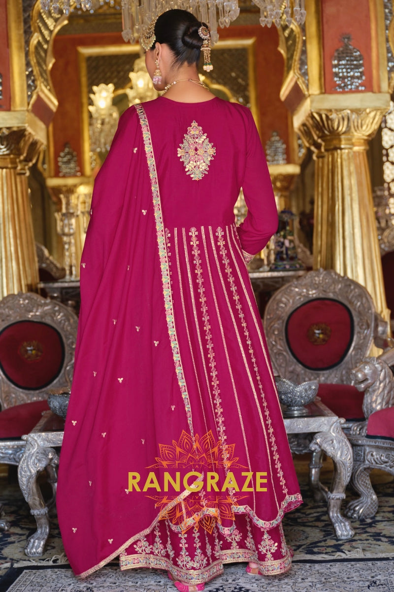 Fuchsia Royale Chinnon Anarkali Suit Set with Hand Embroidery