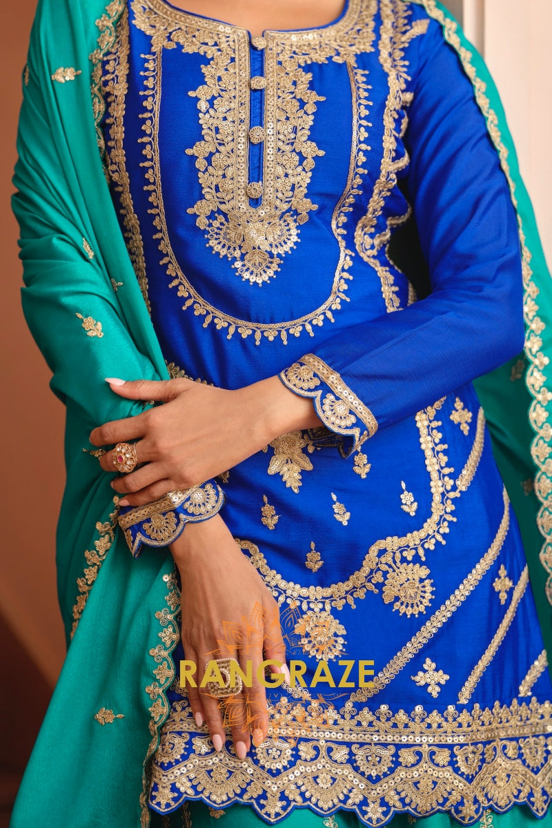 Royal Sapphire Pure Chinnon Suit Set with Hand Embroidery