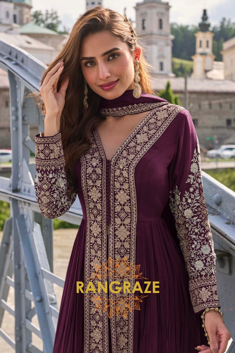 Wine Plum Pure Chinon Hand Embroidered Designer Suit Set