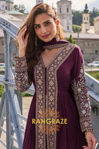 Wine Plum Pure Chinon Hand Embroidered Designer Suit Set