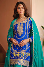 Royal Sapphire Pure Chinnon Suit Set with Hand Embroidery